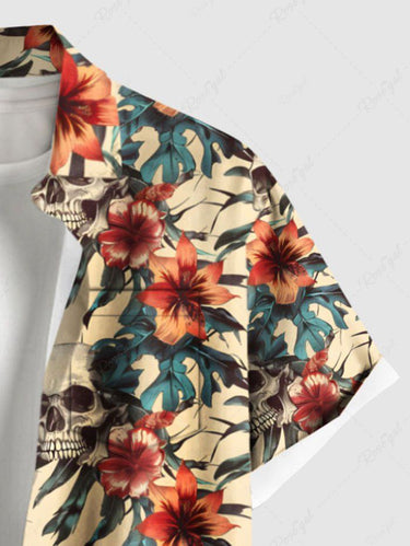 Gothic Plus Size Skulls Hibiscus Flowers Print Buttons Pocket Hawaii Shirt For Men