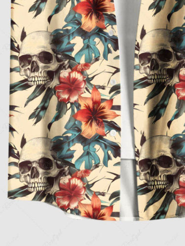 Gothic Plus Size Skulls Hibiscus Flowers Print Buttons Pocket Hawaii Shirt For Men
