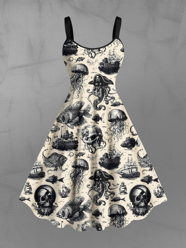 Gothic Plus Size Halloween Octopus Skull Jellyfish Ship Print Tank Dress