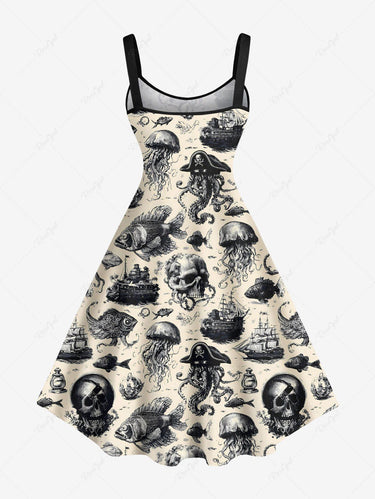 Gothic Plus Size Halloween Octopus Skull Jellyfish Ship Print Tank Dress