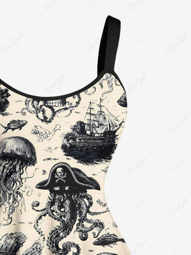 Gothic Plus Size Halloween Octopus Skull Jellyfish Ship Print Tank Dress