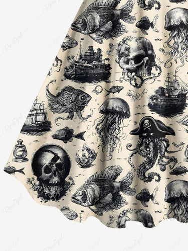 Gothic Plus Size Halloween Octopus Skull Jellyfish Ship Print Tank Dress
