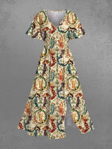 Gothic Plus Size Victorian Style Goddess Flower Wreath Print Split Midi Dress