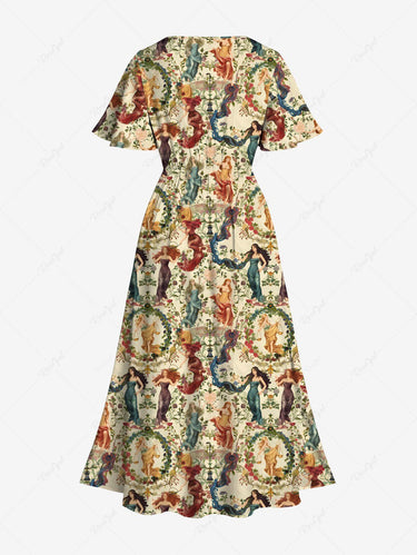 Gothic Plus Size Victorian Style Goddess Flower Wreath Print Split Midi Dress