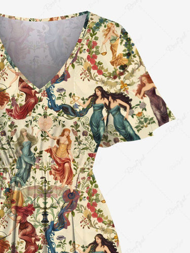 Gothic Plus Size Victorian Style Goddess Flower Wreath Print Split Midi Dress