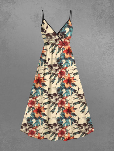 Gothic Plus Size Skulls Hibiscus Flowers Print Surplice Hawaii Cami Dress