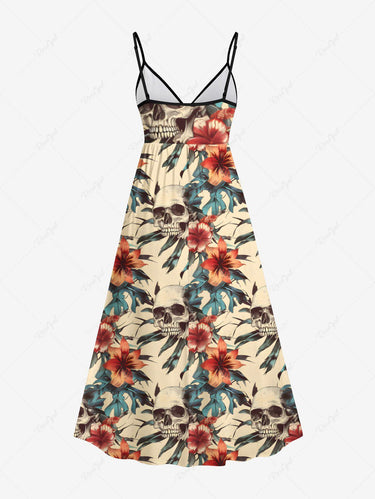 Gothic Plus Size Skulls Hibiscus Flowers Print Surplice Hawaii Cami Dress
