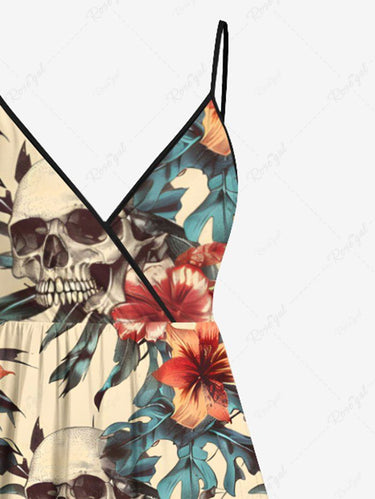 Gothic Plus Size Skulls Hibiscus Flowers Print Surplice Hawaii Cami Dress