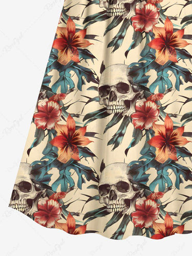 Gothic Plus Size Skulls Hibiscus Flowers Print Surplice Hawaii Cami Dress