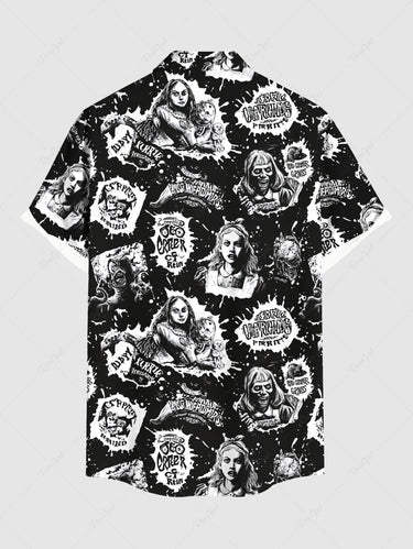 Gothic Plus Size Paint Splatter Girl Letters Print Buttons Pocket Shirt For Men