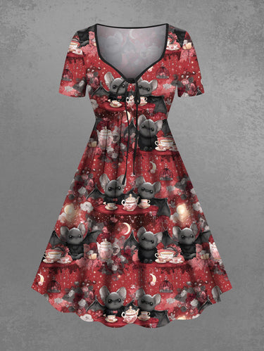 Gothic Plus Size Bat Moon Star Teapot Print Cinched Dress