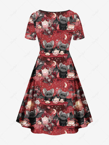 Gothic Plus Size Bat Moon Star Teapot Print Cinched Dress