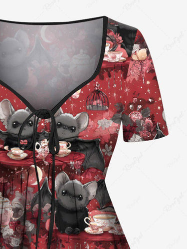 Gothic Plus Size Bat Moon Star Teapot Print Cinched Dress