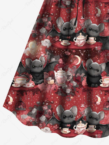 Gothic Plus Size Bat Moon Star Teapot Print Cinched Dress