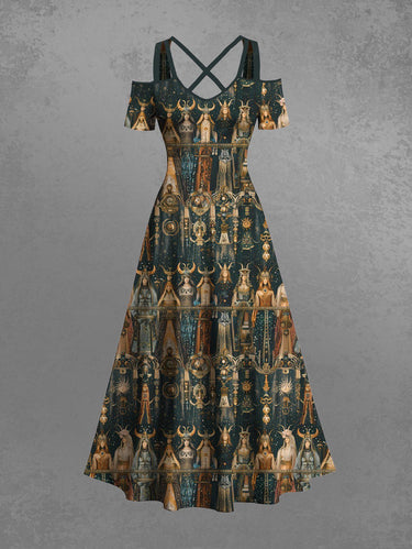 Gothic Plus Size Greek Mythology Constellations Priestess Print Cold Shoulder Crisscross Maxi Dress