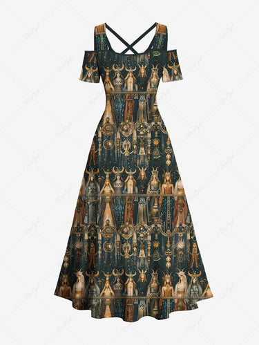 Gothic Plus Size Greek Mythology Constellations Priestess Print Cold Shoulder Crisscross Maxi Dress