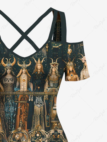 Gothic Plus Size Greek Mythology Constellations Priestess Print Cold Shoulder Crisscross Maxi Dress