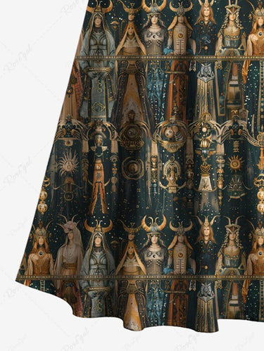 Gothic Plus Size Greek Mythology Constellations Priestess Print Cold Shoulder Crisscross Maxi Dress
