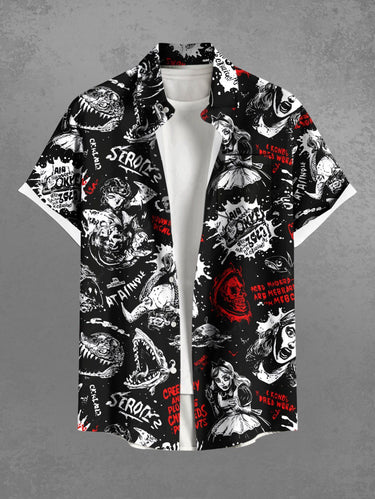 Gothic Plus Size Halloween Paint Splatter Letters Girl Skulls Print Buttons Pocket Shirt For Men