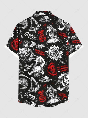 Gothic Plus Size Halloween Paint Splatter Letters Girl Skulls Print Buttons Pocket Shirt For Men