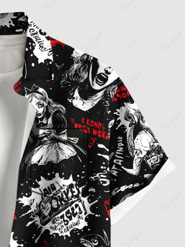 Gothic Plus Size Halloween Paint Splatter Letters Girl Skulls Print Buttons Pocket Shirt For Men