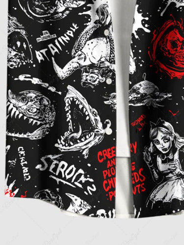 Gothic Plus Size Halloween Paint Splatter Letters Girl Skulls Print Buttons Pocket Shirt For Men