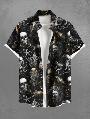 Gothic Plus Size Halloween Skulls Fish Jellyfish Octopus Shell Print Buttons Pocket Shirt For Men