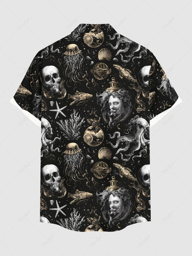 Gothic Plus Size Halloween Skulls Fish Jellyfish Octopus Shell Print Buttons Pocket Shirt For Men