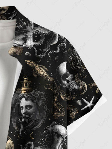 Gothic Plus Size Halloween Skulls Fish Jellyfish Octopus Shell Print Buttons Pocket Shirt For Men