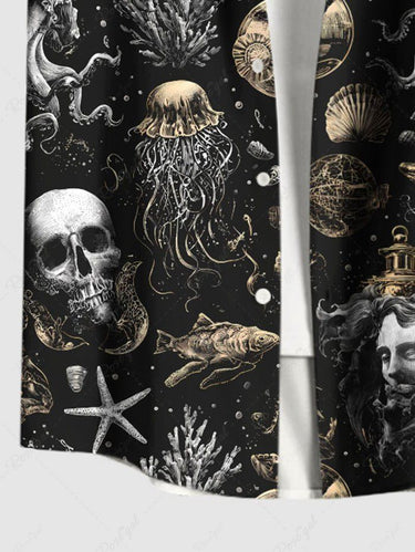 Gothic Plus Size Halloween Skulls Fish Jellyfish Octopus Shell Print Buttons Pocket Shirt For Men