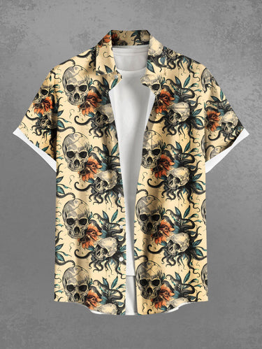 Gothic Plus Size Halloween Skulls Octopus Flowers Print Buttons Pocket Shirt For Men
