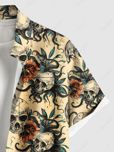 Gothic Plus Size Halloween Skulls Octopus Flowers Print Buttons Pocket Shirt For Men