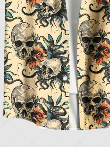 Gothic Plus Size Halloween Skulls Octopus Flowers Print Buttons Pocket Shirt For Men