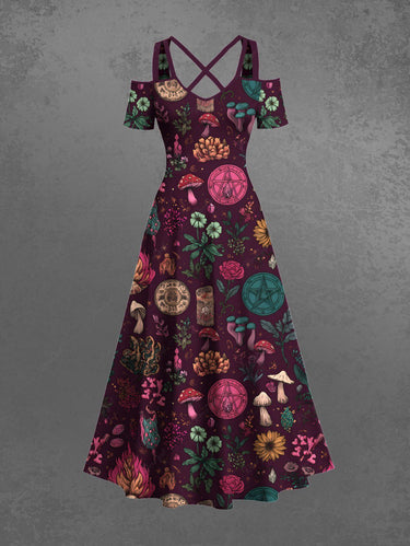 Gothic Plus Size Halloween Mushroom Flowers Fire Flame Print Cold Shoulder Crisscross Maxi Dress