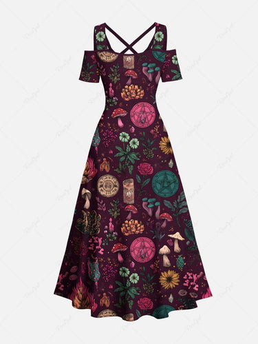 Gothic Plus Size Halloween Mushroom Flowers Fire Flame Print Cold Shoulder Crisscross Maxi Dress