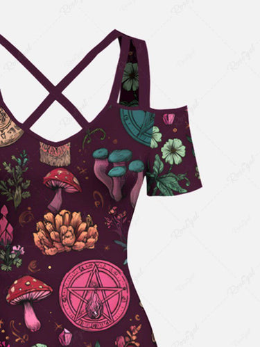 Gothic Plus Size Halloween Mushroom Flowers Fire Flame Print Cold Shoulder Crisscross Maxi Dress