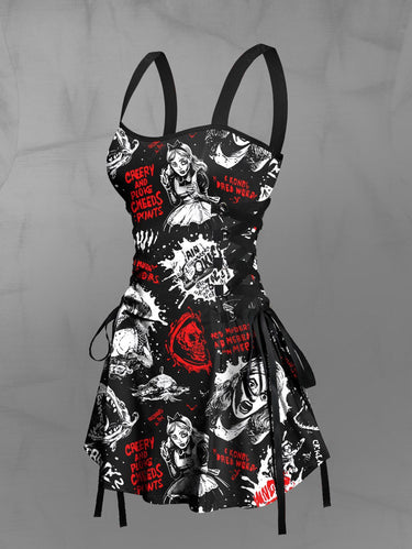 Gothic Halloween Paint Splatter Letters Girl Skulls Print Lace Up Tank Dress