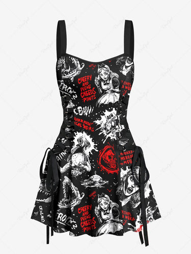 Gothic Halloween Paint Splatter Letters Girl Skulls Print Lace Up Tank Dress