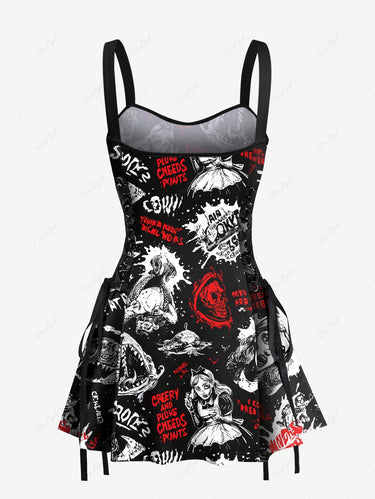 Gothic Halloween Paint Splatter Letters Girl Skulls Print Lace Up Tank Dress