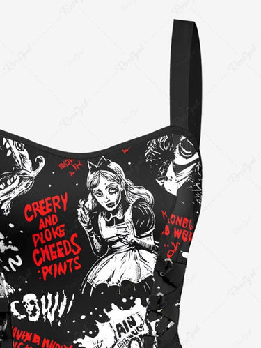 Gothic Halloween Paint Splatter Letters Girl Skulls Print Lace Up Tank Dress