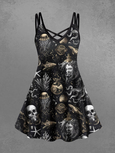 Gothic Plus Size Halloween Skulls Fish Jellyfish Octopus Shell Print Crisscross Cami Dress