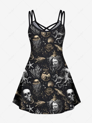 Gothic Plus Size Halloween Skulls Fish Jellyfish Octopus Shell Print Crisscross Cami Dress