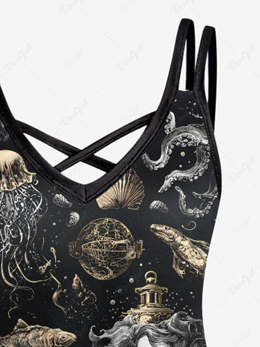 Gothic Plus Size Halloween Skulls Fish Jellyfish Octopus Shell Print Crisscross Cami Dress