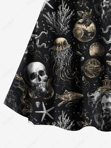 Gothic Plus Size Halloween Skulls Fish Jellyfish Octopus Shell Print Crisscross Cami Dress