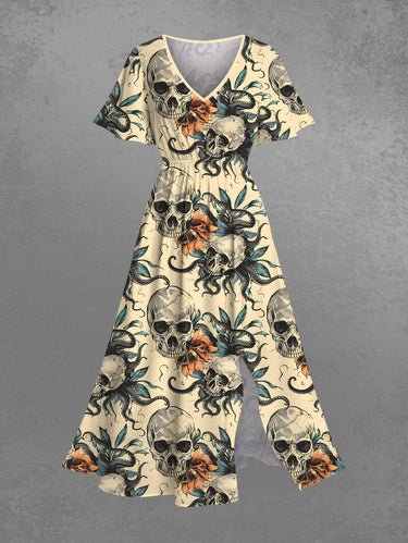 Gothic Plus Size Halloween Skulls Octopus Flowers Print Split Midi Dress