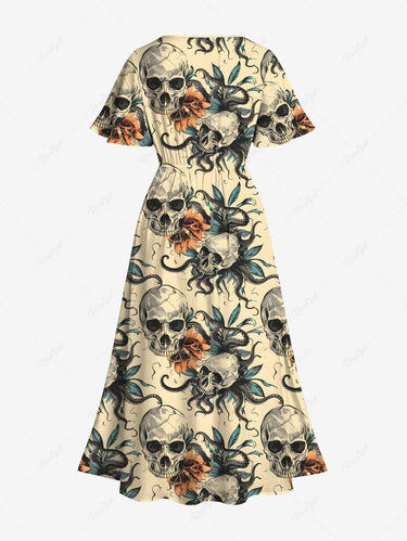Gothic Plus Size Halloween Skulls Octopus Flowers Print Split Midi Dress