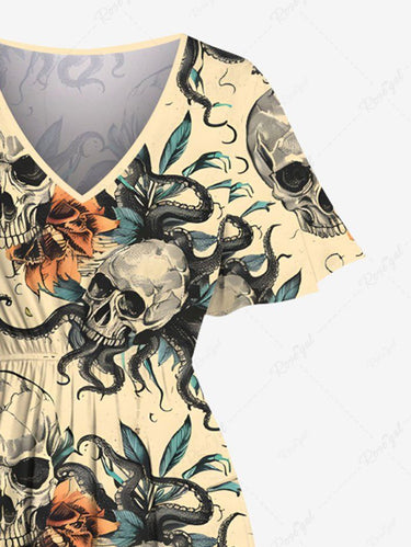 Gothic Plus Size Halloween Skulls Octopus Flowers Print Split Midi Dress