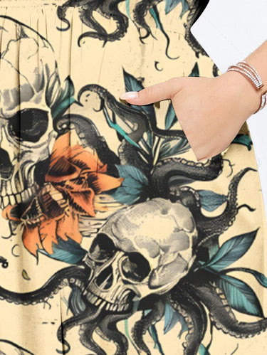 Gothic Plus Size Halloween Skulls Octopus Flowers Print Split Midi Dress
