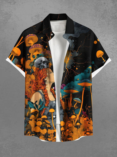 Gothic Plus Size Skull Mushroom Flowers Girl Print Buttons Pocket Shirt For Men