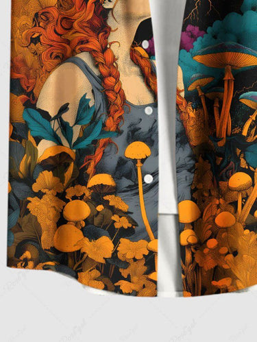 Gothic Plus Size Skull Mushroom Flowers Girl Print Buttons Pocket Shirt For Men